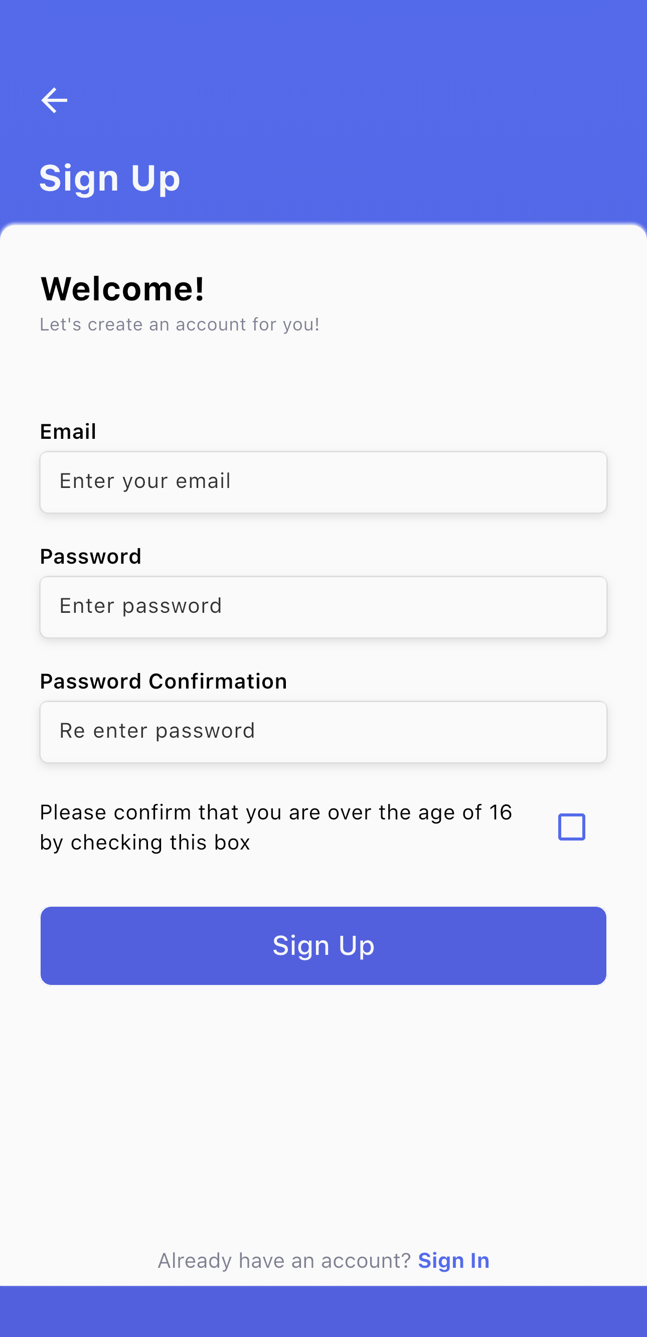 Sign up screen